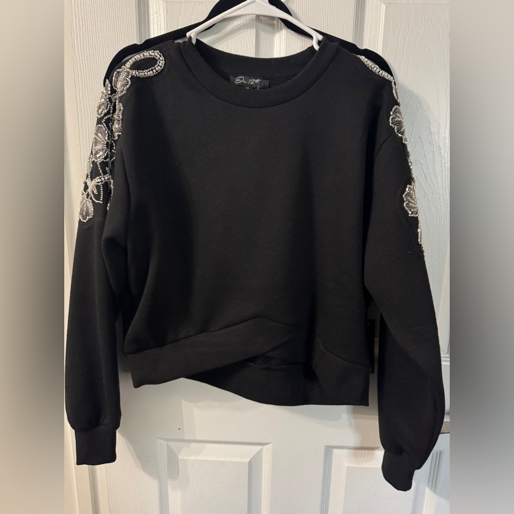 Black Crop Embellished Long Sleeve Sweatshirt